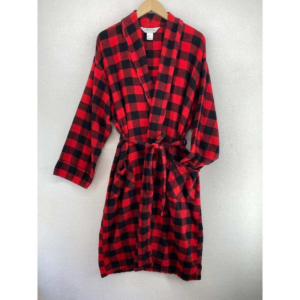 VERMONT COUNTRY STORE Robe Men L Flannel Buffalo Check Lounge Wrap Tie Waist Red